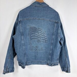 TYCA Denim Jacket Blue Embossed American Flag USA Made Vintage Trucker Small
